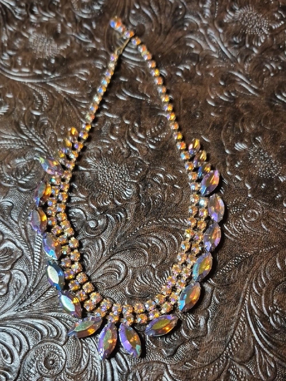 Vintage Aurora Crystal Statement Necklace - Iridescent Purple And Orange